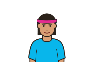 An illustration of a woman with dark hair wearing a pink headband and a blue t-shirt.